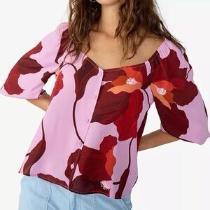 Sanctuary Enchanted Floral Button Front Pink and Red Blouse Flowy Valentine